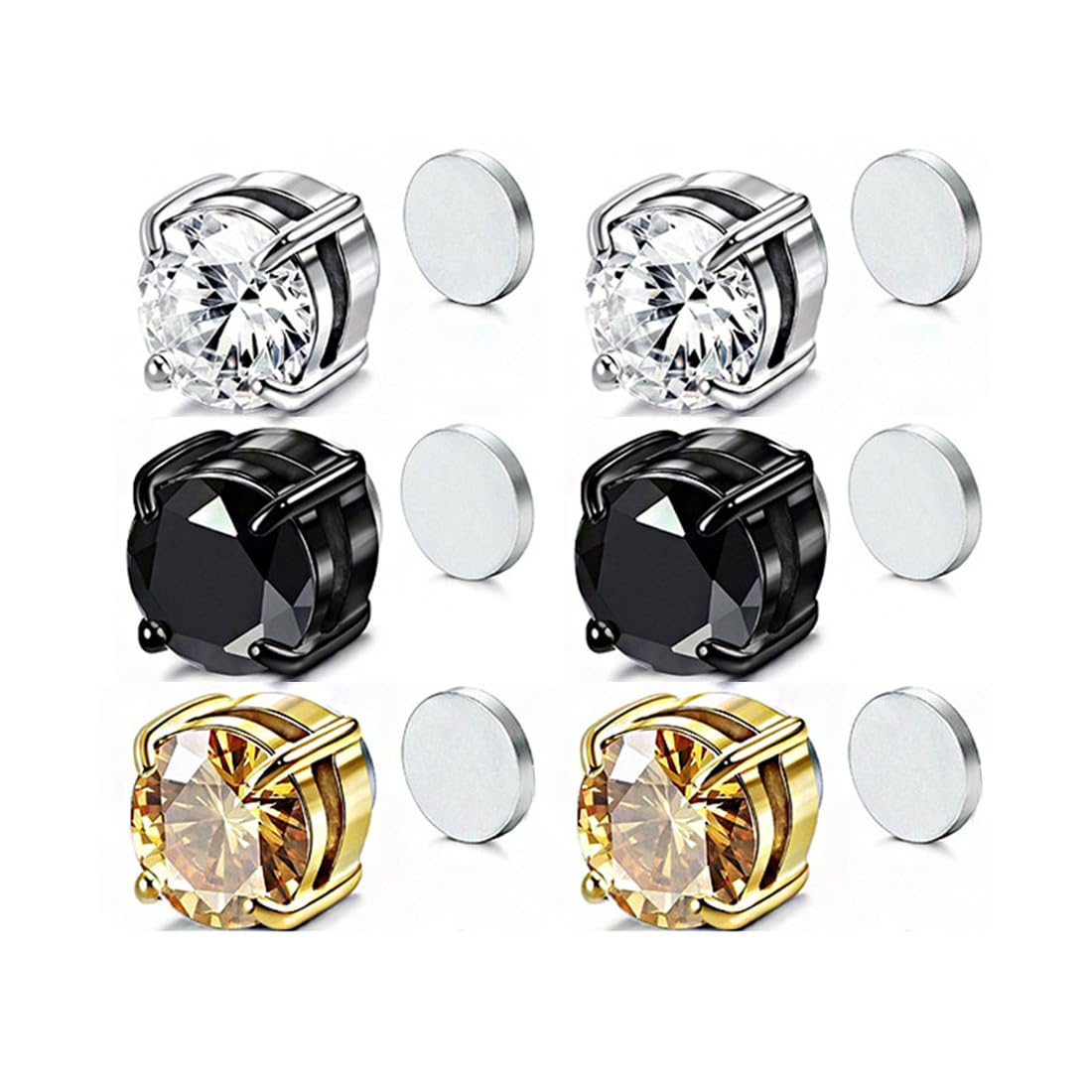 ZCSOWE 3 Pares 6mm Acero Inoxidable Imanes Pendientes Magnéticos Imán Hombre Mujer Niña Circonita Falsos Oreja Pendientes Sin Perforación Redondos Clip Sin Agujero No Piercing Pendiente Negro Plata Dorado