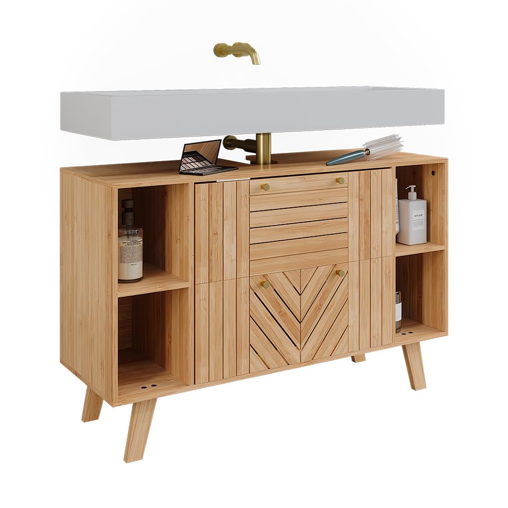 Vicco Meuble sous Vasque Simple Lucie, Bambou, 100x65cm avec 2 tiroirs, Convient au Rangement Peu encombrant des Accessoires de Salle de Bain
