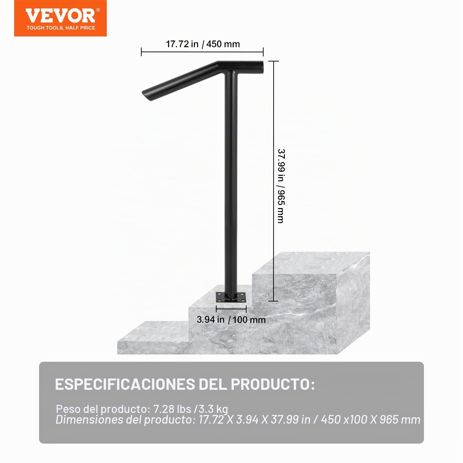 Happybuy Pasamanos Escalera 45.7 cm Barandilla Escalera 45.7 cm Pasamanos para Escaleras Pasamanos de Pared Montaje en Pared Hierro Forjado Color Negro 2 Pasos