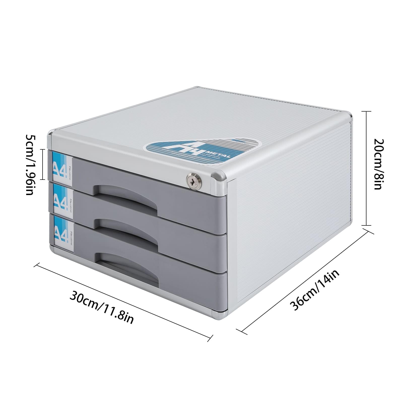 Organizzatore da scrivania in lega di alluminio a 3 livelli, scatola di immagazzinaggio file con cassetti e chiavi, bloccabile, ideale per riporre forniture per ufficio