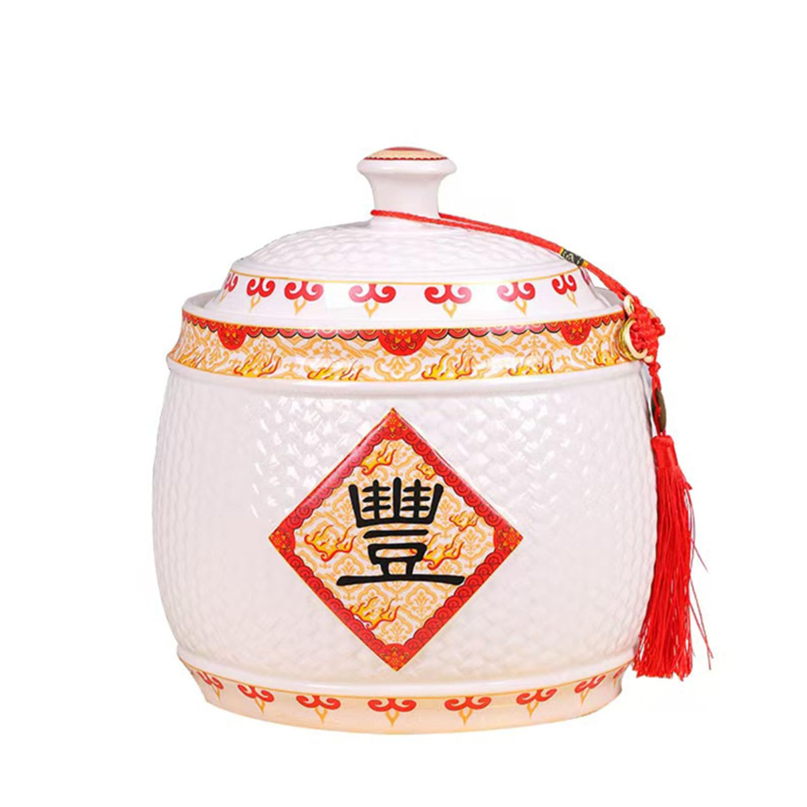 Ixtregzjkm 2 Ceramic Rice Jar With Lid, Chinese Ceramic Rice Bucket With Tassel Design, Airtight Large Capacity Rice Jar, Oatmeal Container, Rice Container, Cereal Dispenser, Large Sugar Dispenser 10Kg