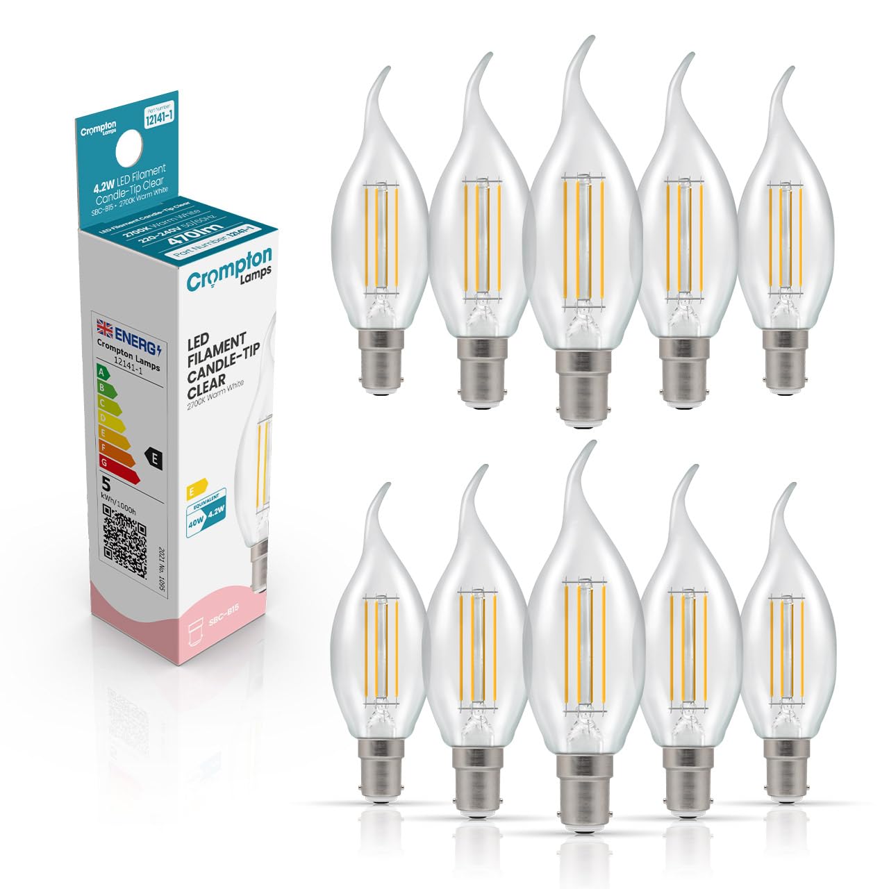 Crompton Lamps Bent-Tip Candle LED Light Bulb SBC-B15d | 4.2W = 40W Equivalent | Warm White 2700K | Flame Tip | Small Bayonet Lightbulb | Long Life 10,000-Hrs | Clear Glass | Dimmable | 10-Pack
