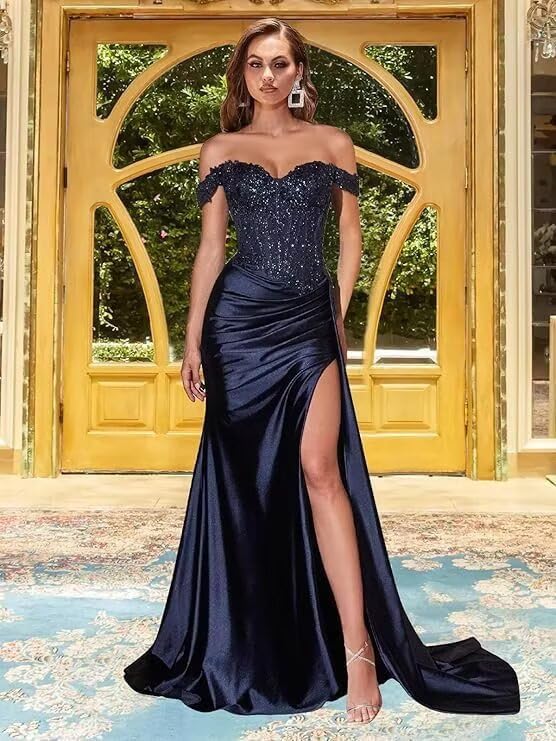 Satin Off The Shoulder Prom Dress Mermaid Sparkly Sequin Appliqued Formal Evening Party Gowns Long PM0024