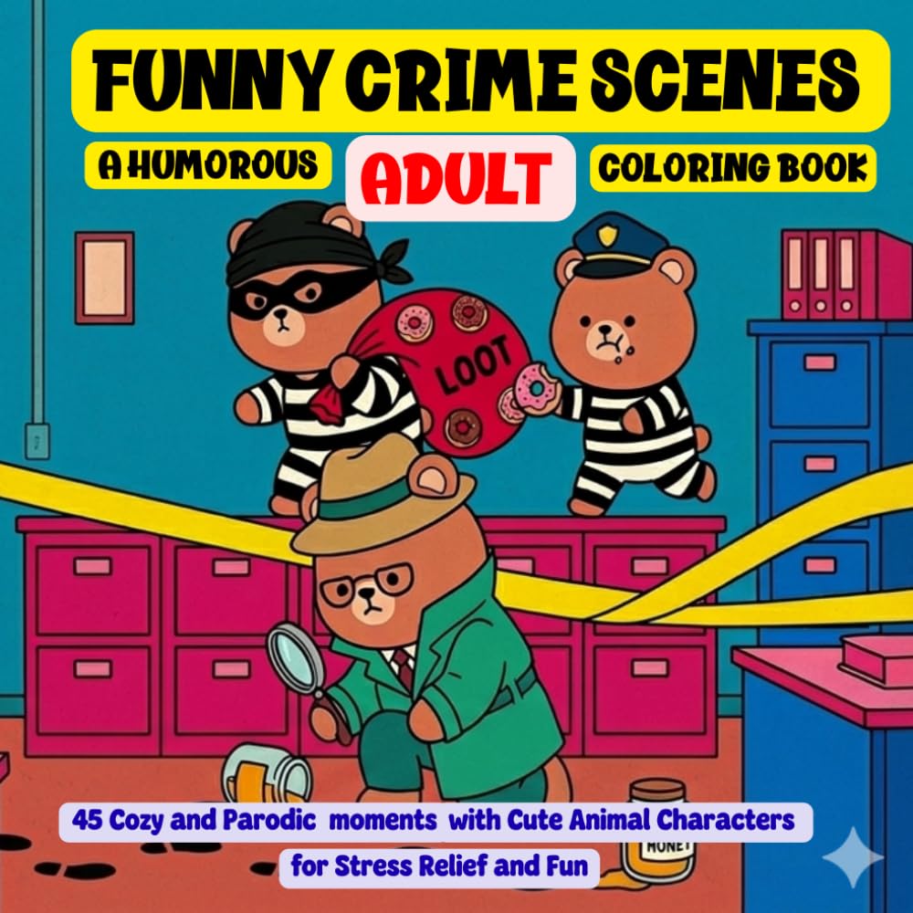 Funny Crime Scenes: A Humorous Adult Coloring Book: 45 Cozy and Parodic Moments With Cute Animal Characters for Stress Relief & Fun