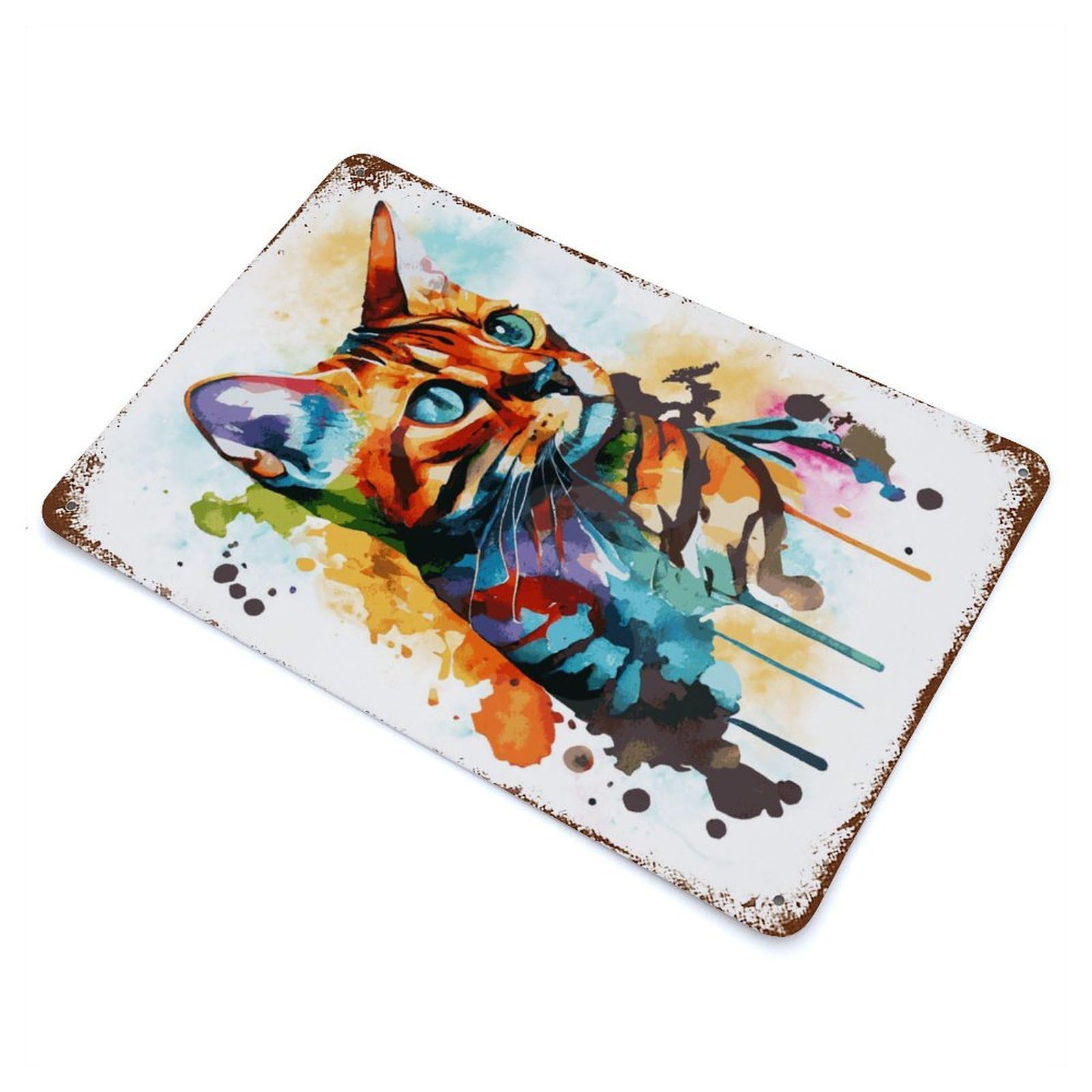 Watercolor Bengal Cat 11.8"x7.9" Vintage Rust Metal Sign, Shabby Chic Decor for Garage, Bar And Workshop Decor