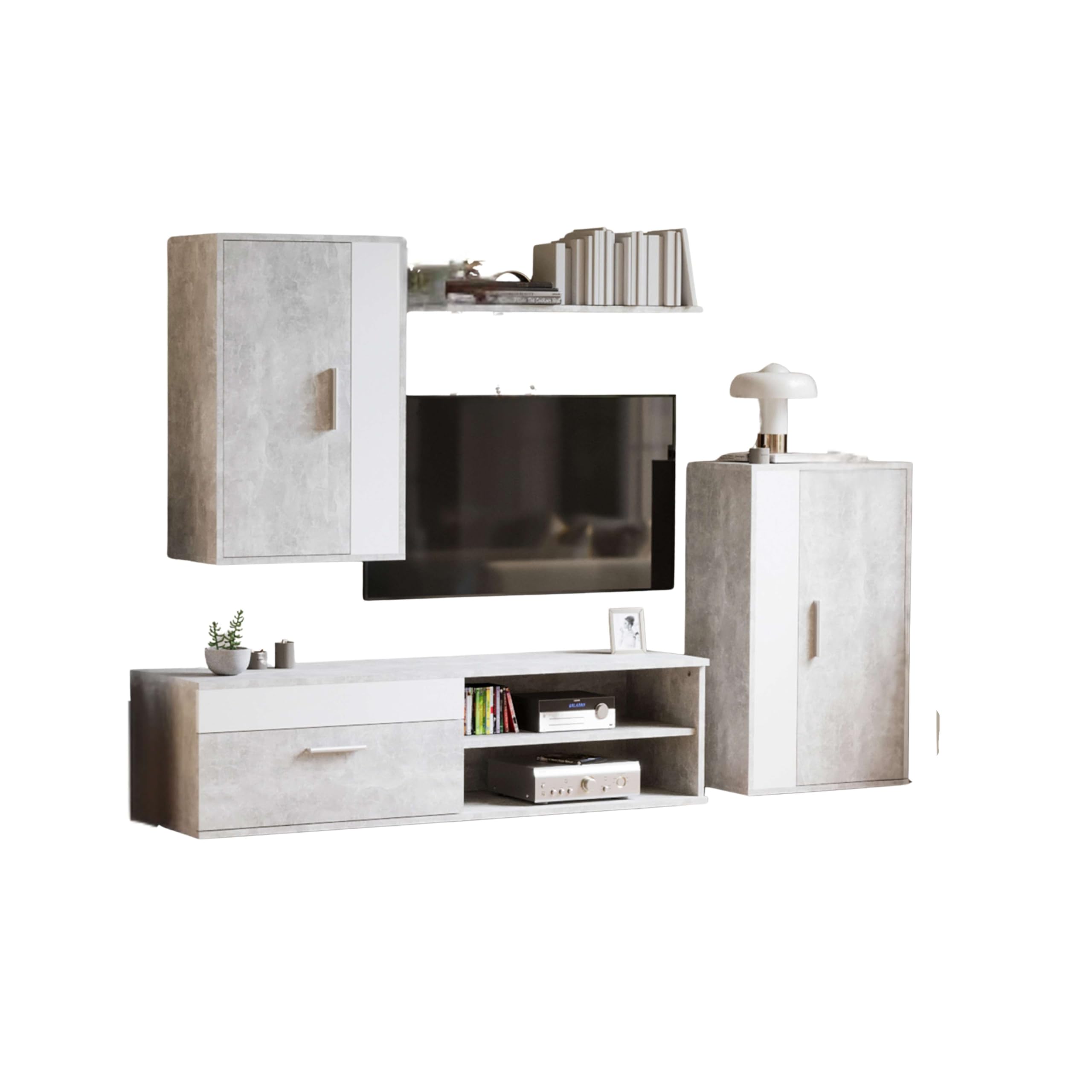 Miroytengo Modulos de Salón Comedor Kolm para TV Estilo Industrial en Color Cemento y Blanco con 3 Puertas y 2 Estantes