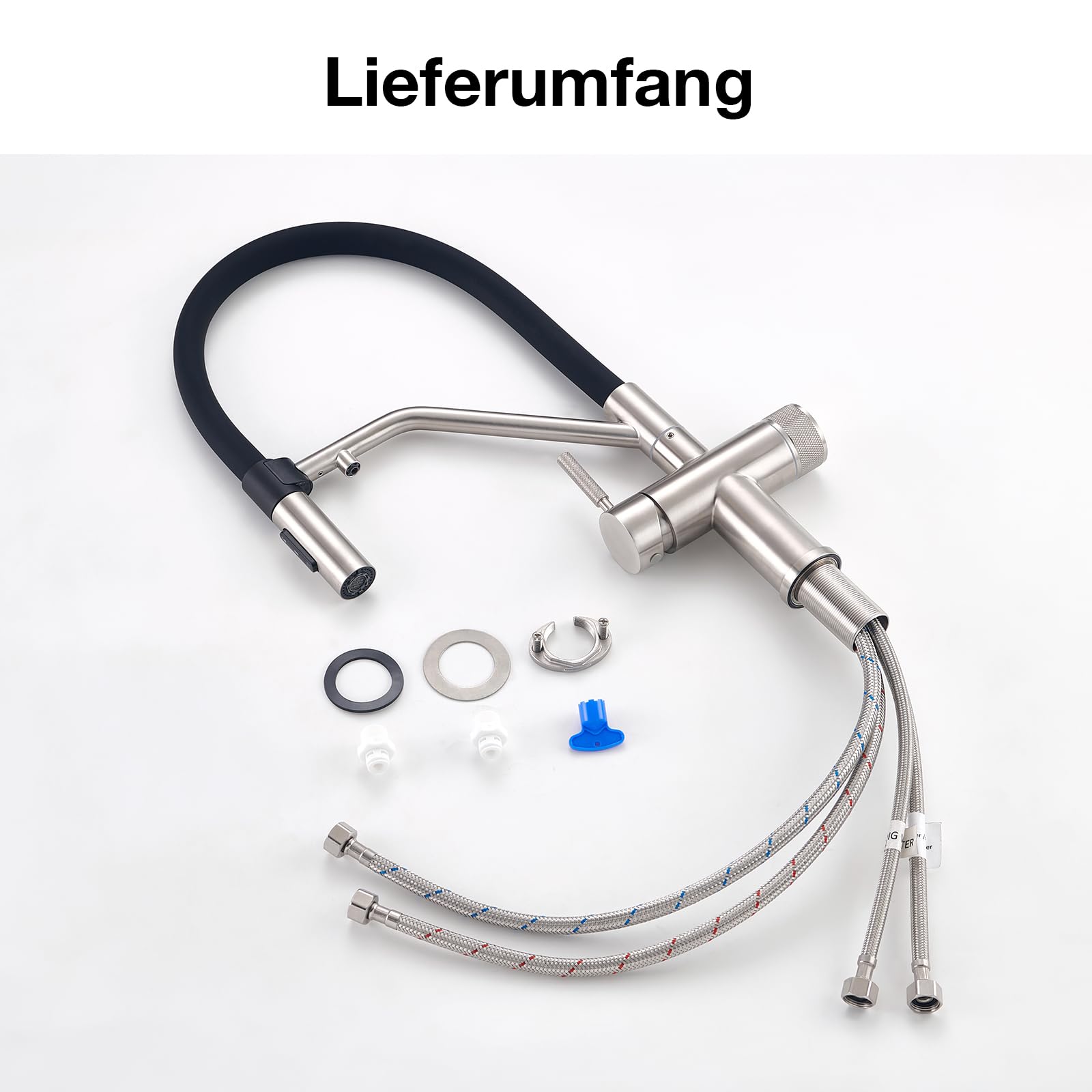 Faustina 4 Wege Küchenarmatur abnehmbar, Doppelhebel Armatur Wasserhahn Küche mit Trinkwasser und Sodawasser Spültischarmatur mit Schwarzer flexibler Silikon Weichschlauch