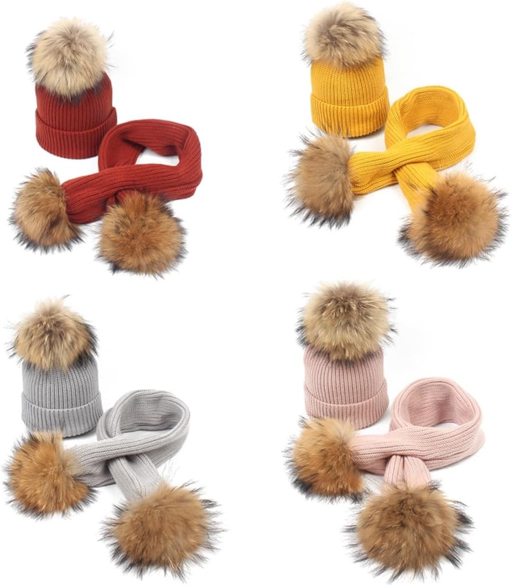 2PCS Warm Hat and Scarf Set with Hair Ball Thickened Knit Scarf and Beanie for Autumn Winter Activities for Boys and Pink