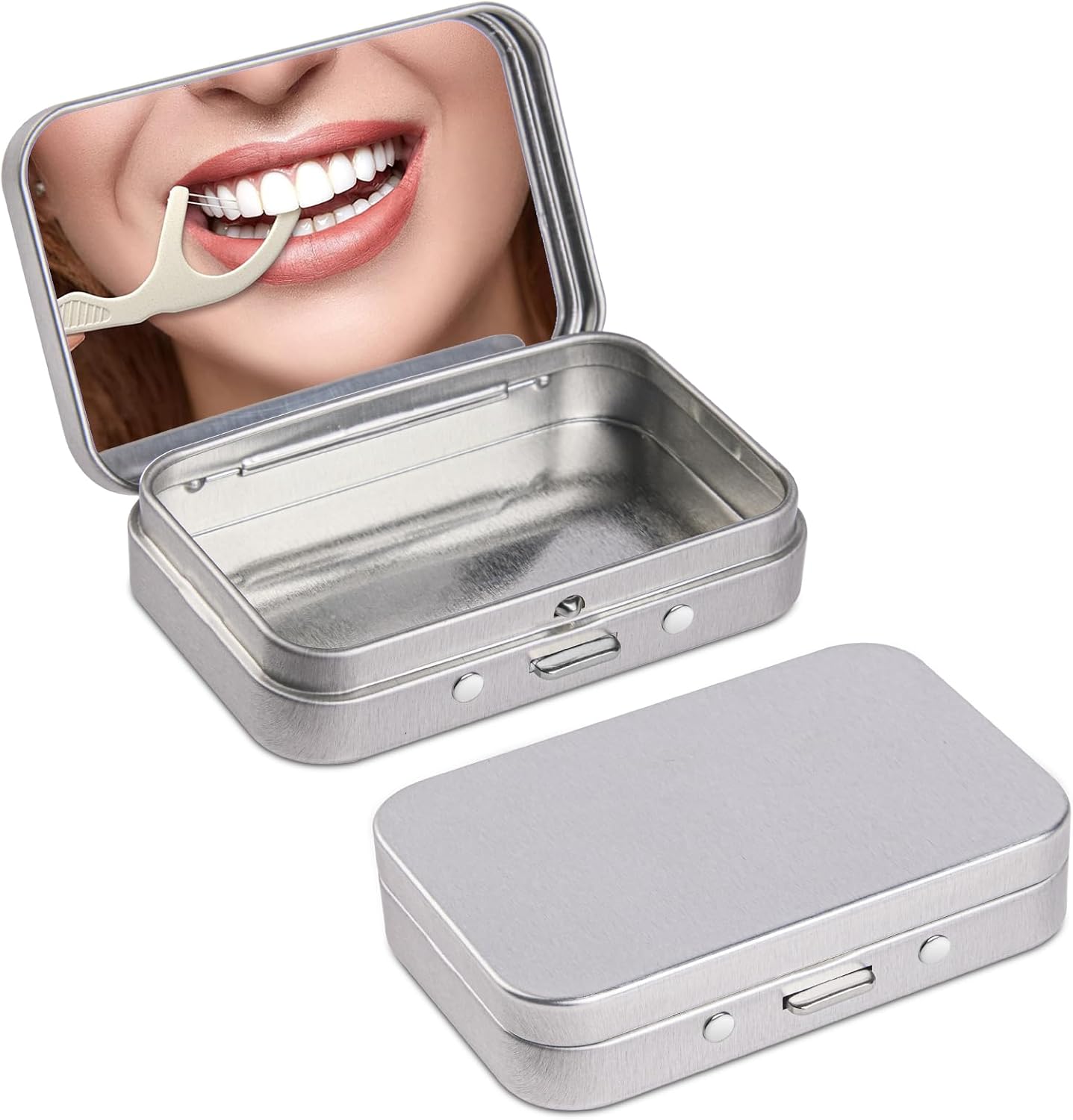 2Pack Travel Floss Picks Case, Refillable Portable Floss Pick Holder and Dispenser，Small tin Box with Mirror，Silver