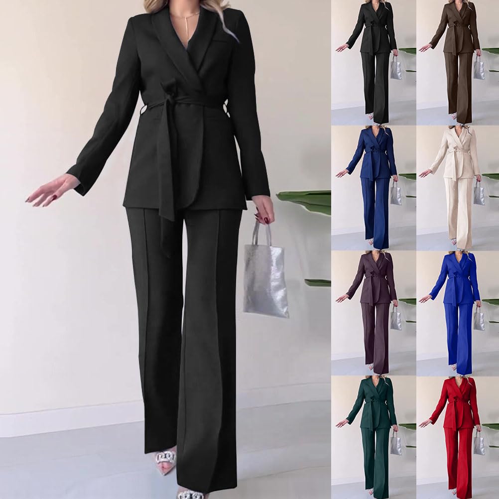 shownicer Tailleur Pantalone Donna Eleganti Completo Giacca Blazer e Pantaloni Lunghi con Cintura 2 Pezzi Set per Cerimonia Business Casual