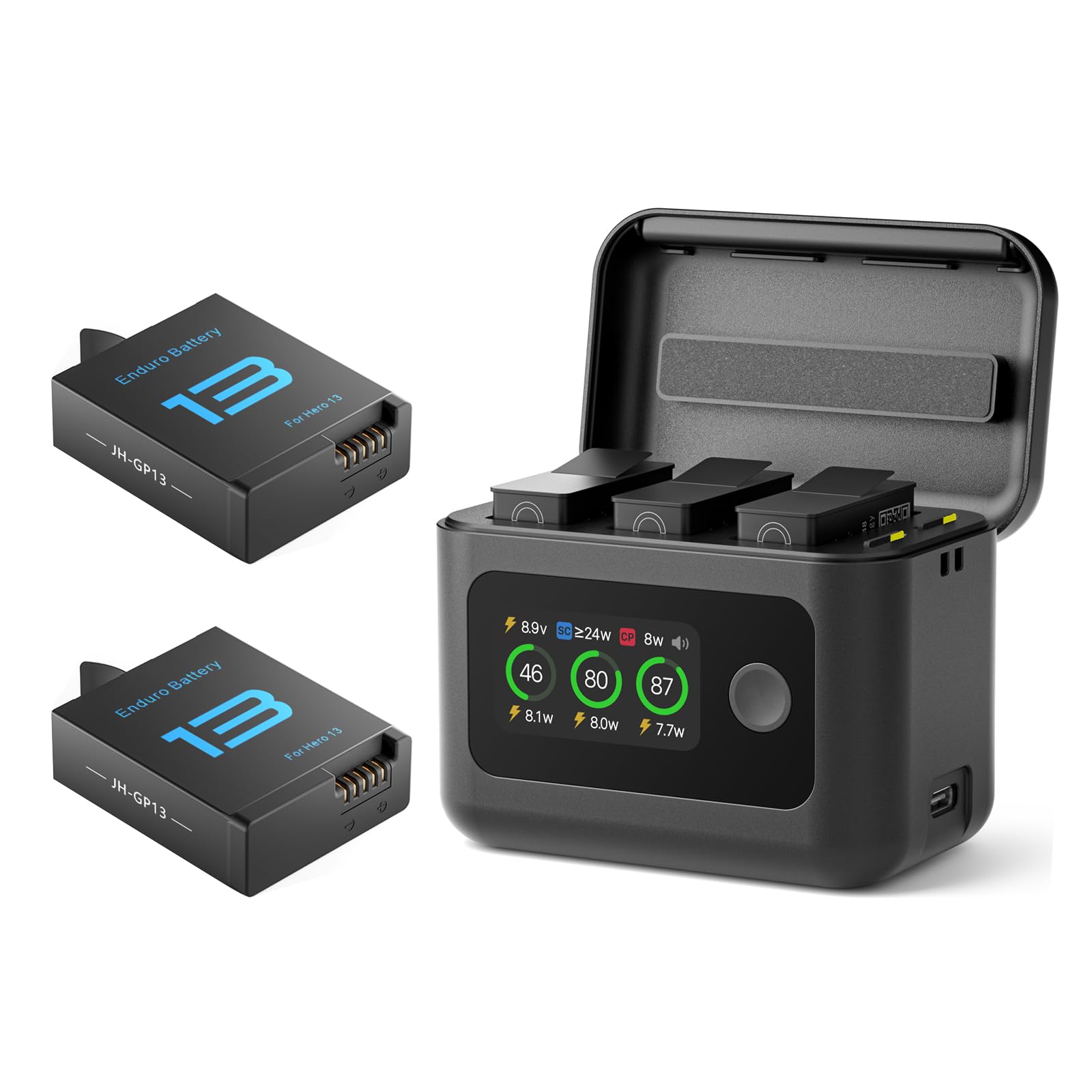 Treeboy Hero 13 Battery 2-Pack 2100mAh with 27W Fast Intelligent Bi-Directional Charging Hub for Gopro Hero 13,w/LCD Display Shows Battery SOC