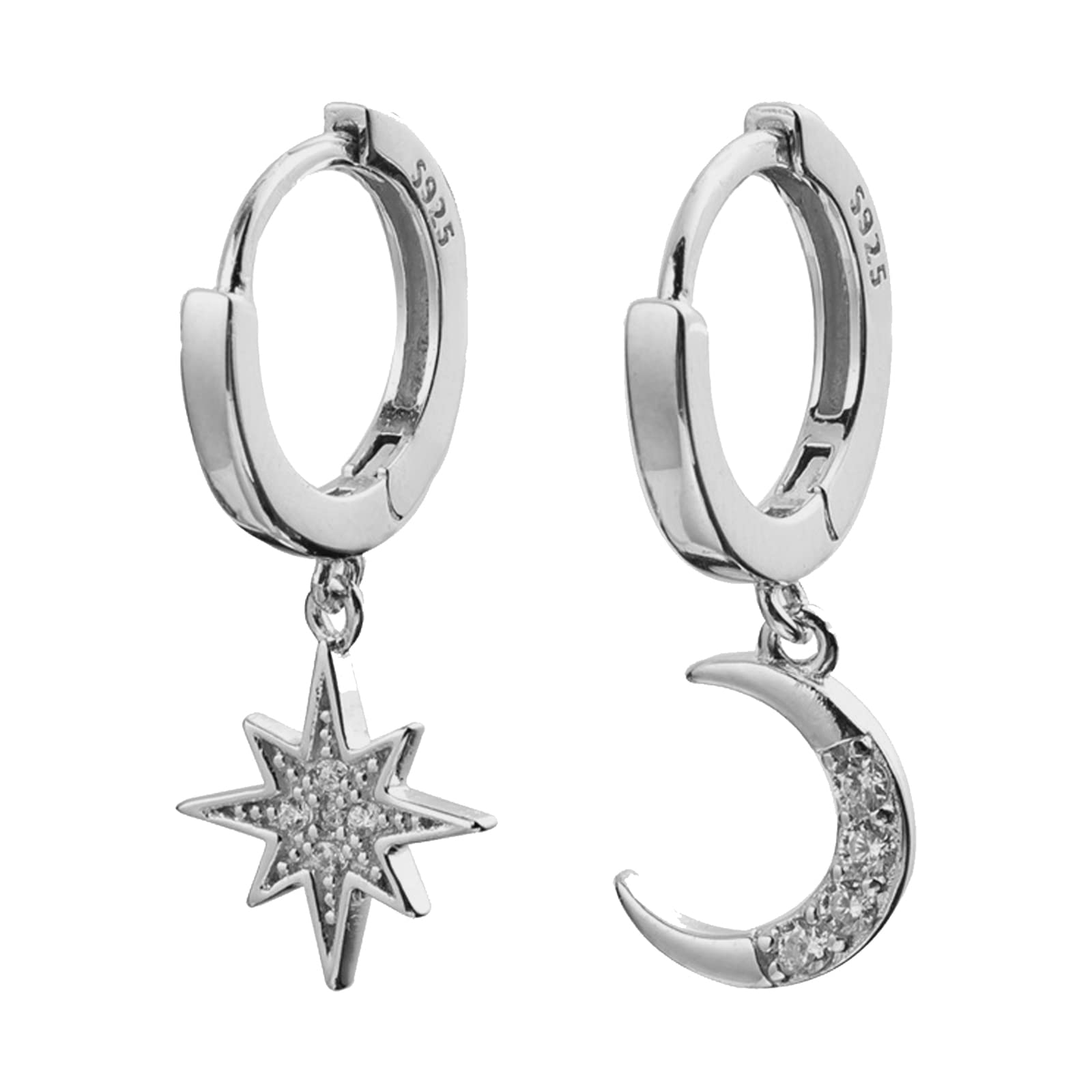 CHENGYOUOUMMoon Crescent Star Dangle Huggie Hoop Earrings,CZ Tiny Asymmetric Cartilage Drop Huggie Earrings for Women Girls