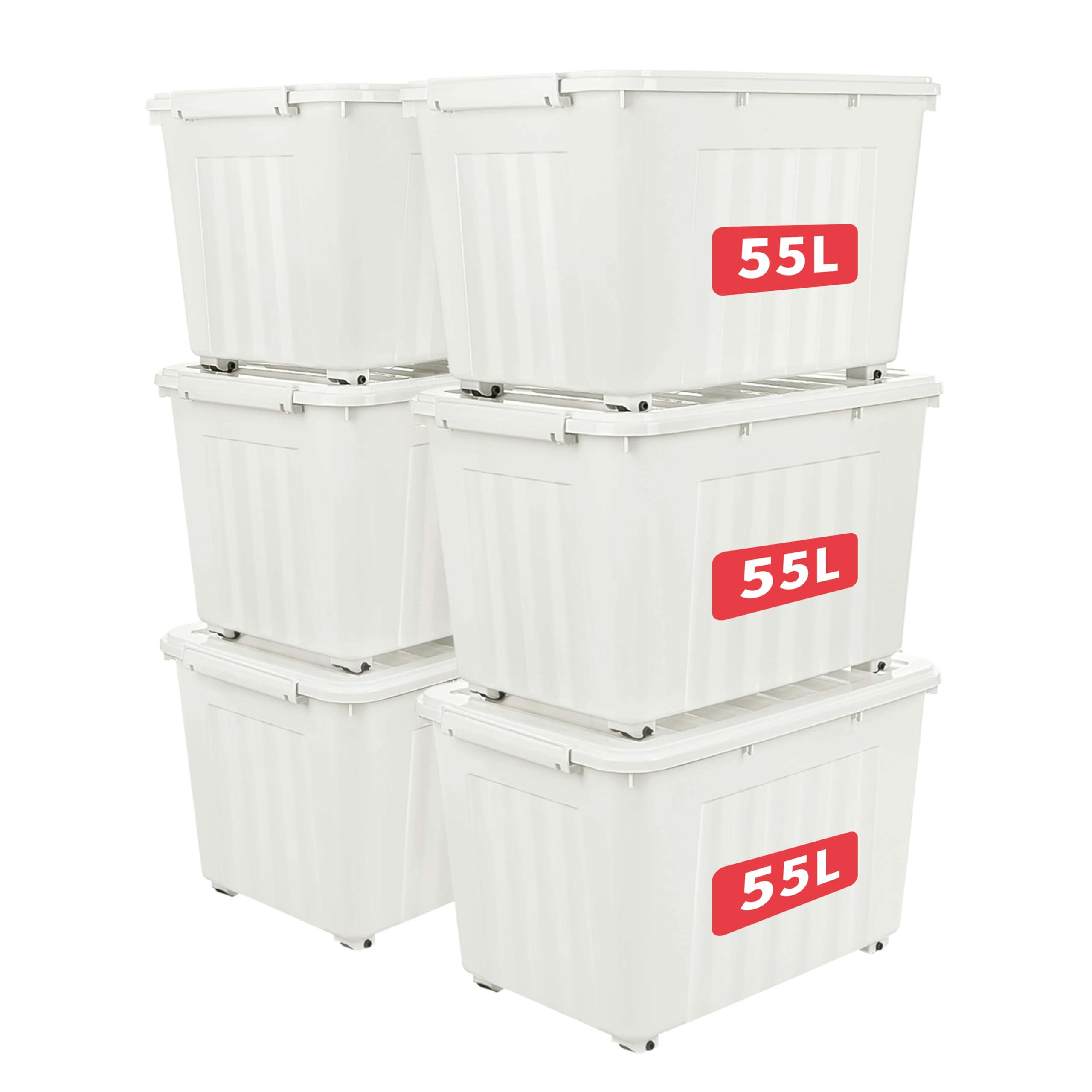 Cetomo 55L*6 Plastic Storage Box,White, Tote box,Organizing Container with Durable Lid and Secure Latching Buckles, Stackable and Nestable, 6Pack, with Buckle
