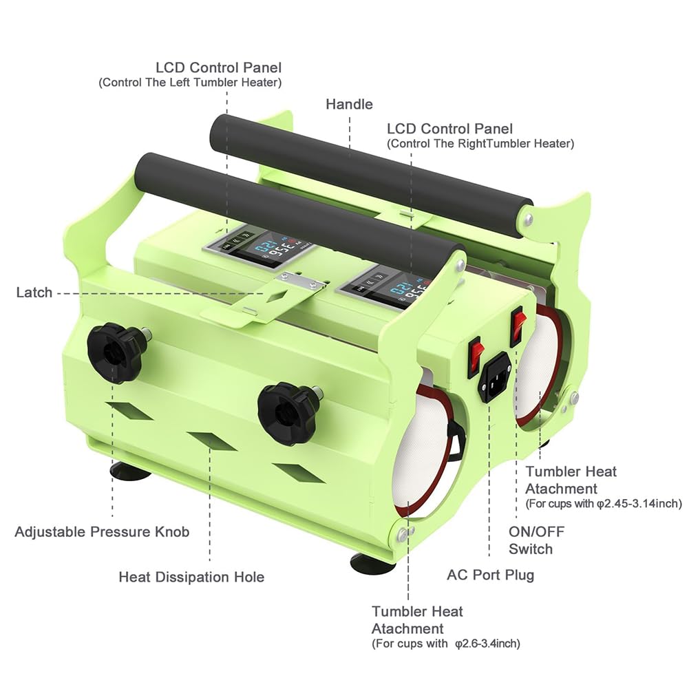 Presse à chaleur double station pour gobelets, presse à tasses 2 en 1 avec double chauffages et commandes LCD pour gobelets en acier inoxydable et céramique de 325 ml à 887 ml