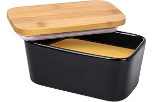 Black Butter Dish with Lid – Porcelain Keeper with Wood Cover for Butter