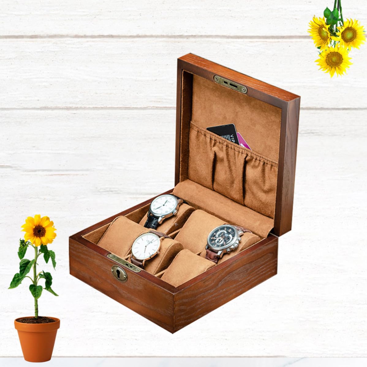 Holz Uhrenbox mit 6 Fächern, Abschließbar, für Zuhause und Geschäft | Braun, Aufbewahrung und Präsentation für Uhren und Schmuck, Passend für Sammler