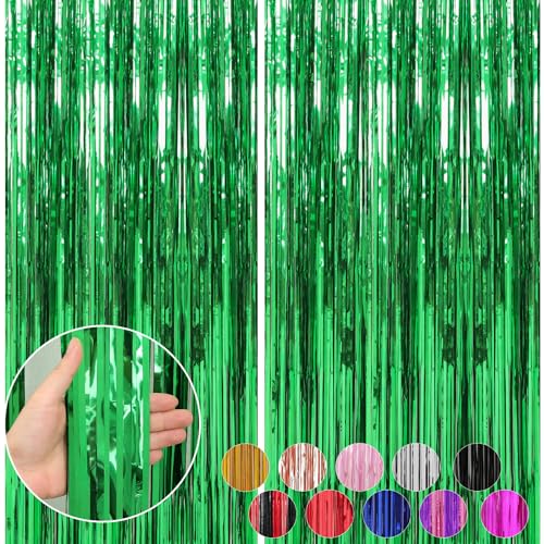 Image of Crosize 2 Pack 3.3 x 9.9 ft Green Foil Fringe Backdrop Curtain, Streamer Backdrop Curtains, Streamers Birthday Party Decorations, Tinsel Curtain for St. Patrick's Day Parties, Galentines Decor