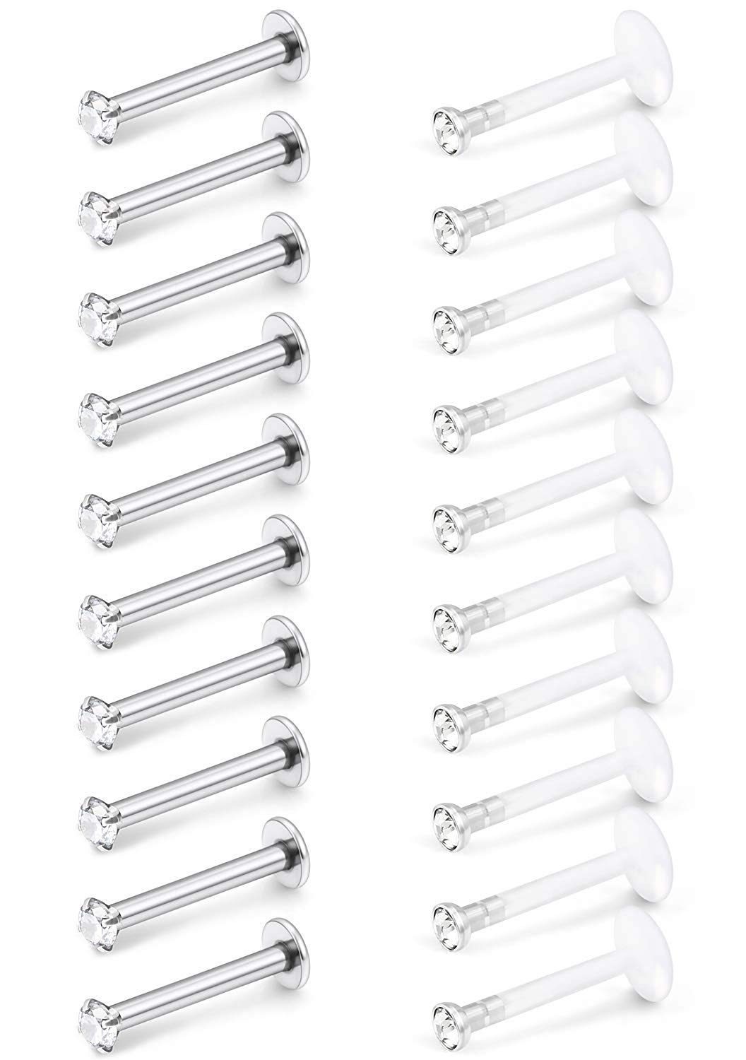 AceFun Piercing para labios, acrílico, acero quirúrgico Labret Stud 16G, diseño de Oído Tragus Helix Earring Bar 8 mm 10 m CZ Top