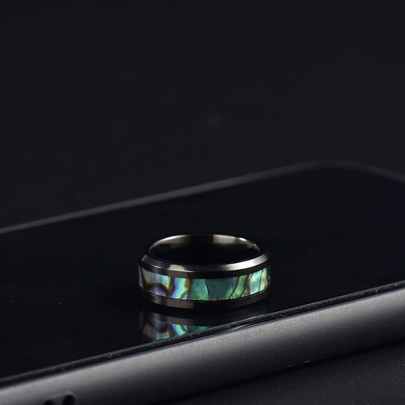 Anelli Uomo Tungsteno Anello Conchiglia Abalone Intarsiata Anello Fidanzamento Personalizzato 8MM Anello Promessa Nero Misura 12-31