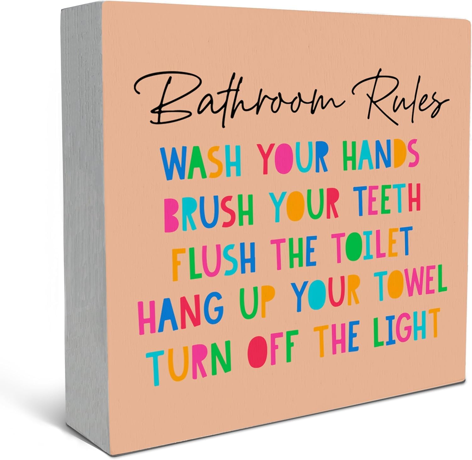 Bathroom Rules Box Sign 5x5 Inch Wooden Tabletop Decor