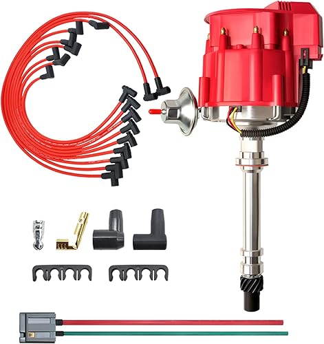 MAS Racing HEI Distribuidor y cables de bujía y mazo de cables de coleta gratis, kit combinado de tapa roja de repuesto para Chevy 283 302 307 327