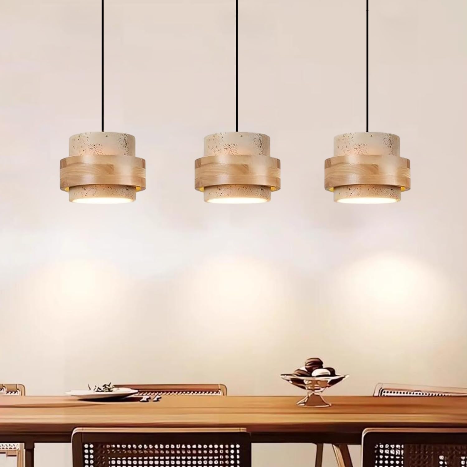 Lámpara Colgante De Travertino 3 Luces Lámpara Araña Cilíndrica De Piedra Natural Lámpara Wabi-Sabi Moderna Para Comedor Cocina Salón Dormitorio E27 Altura Ajustable Lámpara De Techo(Amarillo,B)