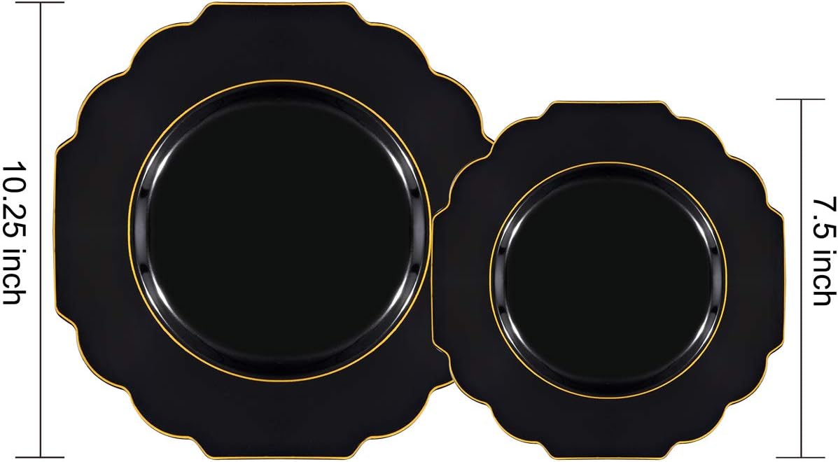 Supernal Baroque Black and Gold Plastic Plates (60 Packs) - Heavy-Duty Dinner & Salad Plates Set | Elegant China-Like Finish for Wedding, Graduation & Noir Theme Party