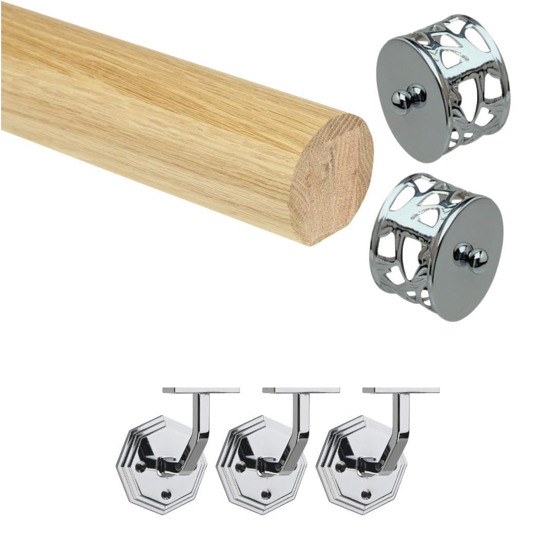 Jackson Woodturners Oak & Chrpme Oak Mopstick Handrail Kit With Chrome Octagonal Wall Brackets & Filigree End Caps – Solid Oak Stair Handrail – 1800Mm / 2400Mm / 3600Mm / 4200Mm – (2400Mm + 3 Wall Brackets)
