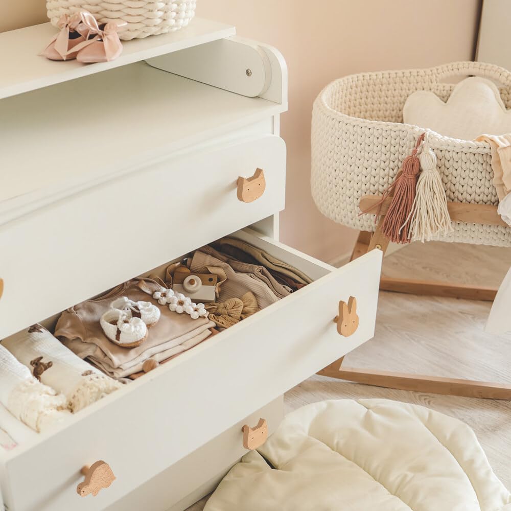 NAVESO 8 pomos de armario de madera para habitación de los niños, tiradores de armario de madera, tiradores de cajones de madera de animales, pomos decorativos de madera con tornillos, pomos para