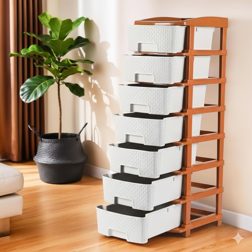 7-Layer Plastic Drawer Storage Organiser | Modular Kitchen & Toy Organizer For Kids Room | Home, Office, Parlor, School, Doctors, Home And Kids | Brown & White (7XL Set)