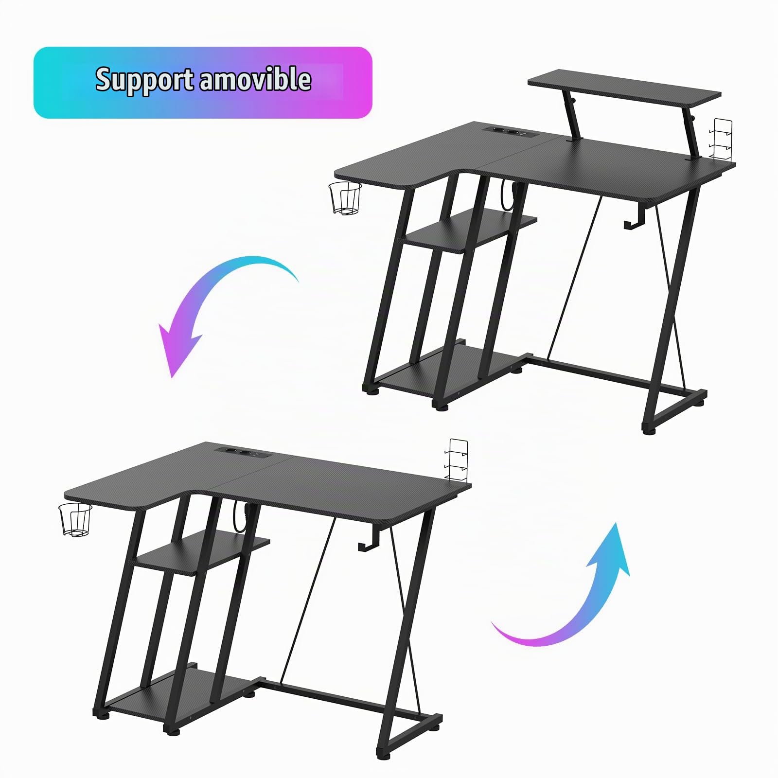 Bureau Gaming LED 100x80 cm, Table Gamer avec Rangement, 2 Prises Electriques et 2 Ports USB