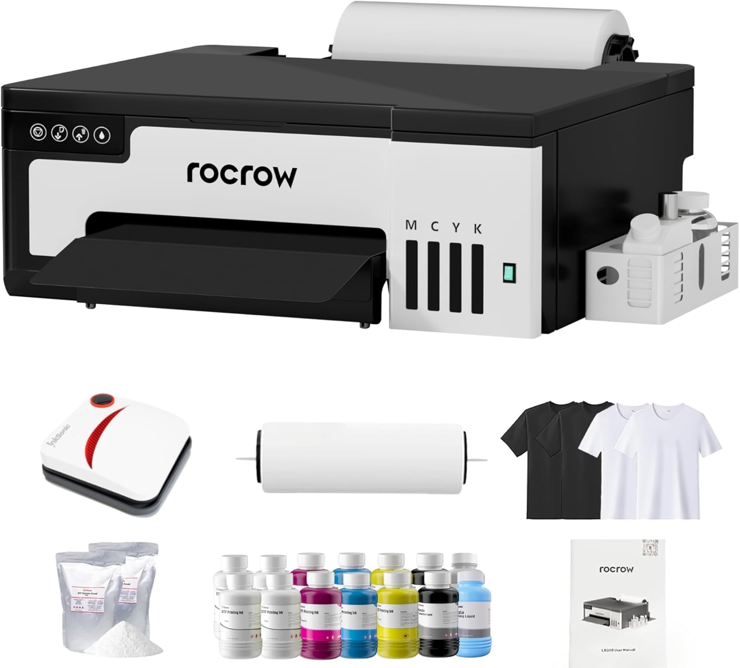 RocRow A4 L8058 DTF Printer Bundle, XP600 DTF Printer Machine for DIY T Shirt Printing, Auto Cleaning for DIY & Custom Printing, Auto Curing, L8，White