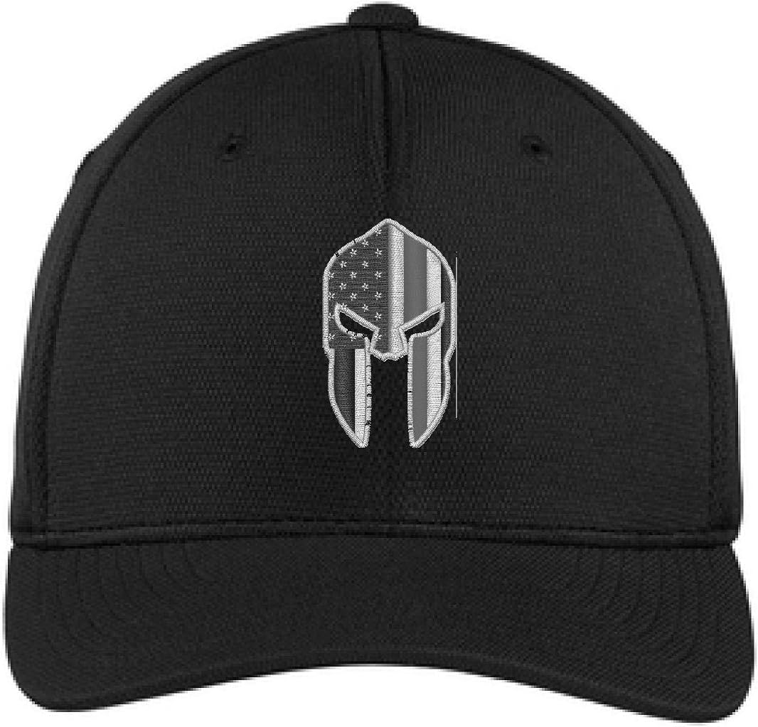 Thin Silver Line Spartan Subdued American Flag Corrections Officer Flexfit Flex Fit Baseball Trucker Hat (S/M, Black)