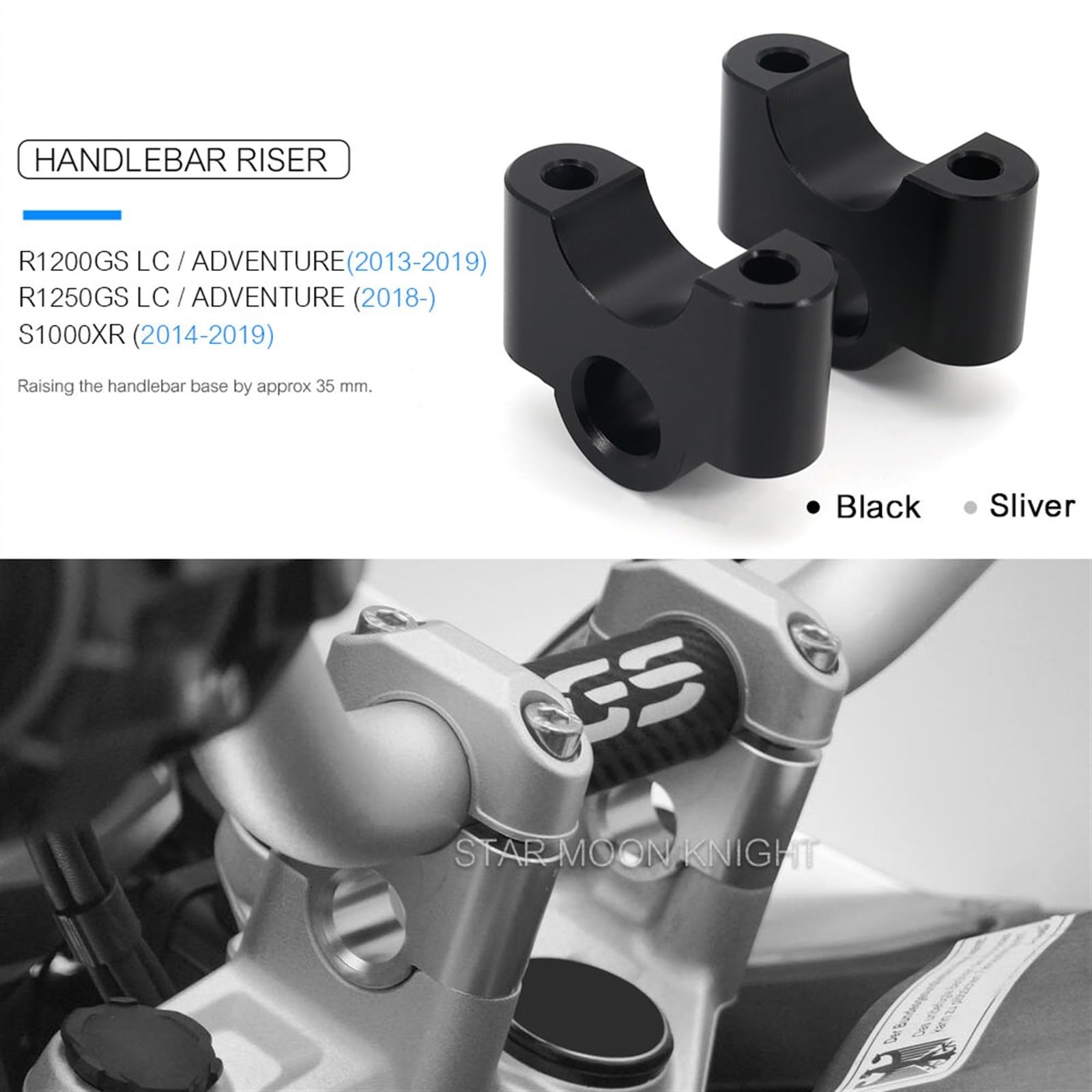 Kit Rialzo Manubrio In Alluminio Per BMW R1200GS LC, R1250GS, S1000XR, R1250RT, Colore Argento, Peso 500g, Montaggio Facile, Riduce L'affaticamento
