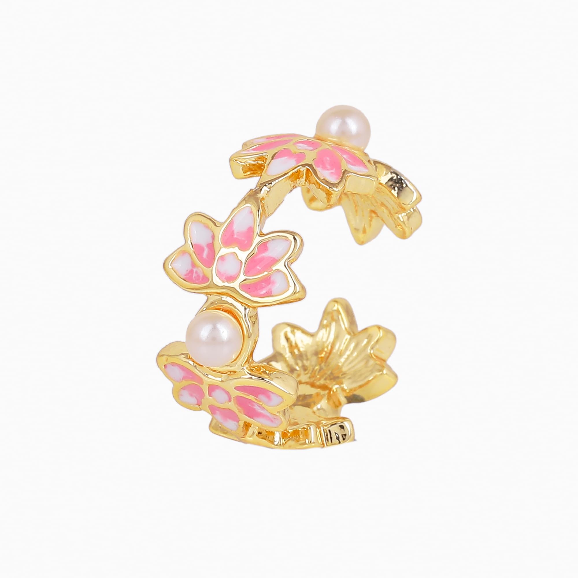 Plated Pink Enamel Lotus Adjustable Finger Ring