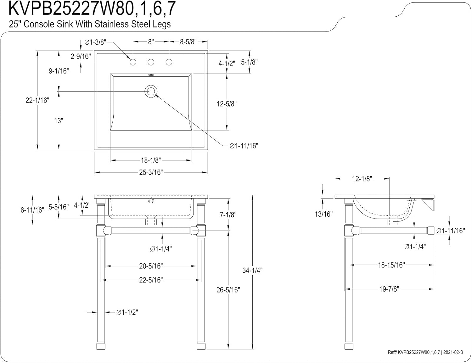 Kingston Brass KVPB25227W81 Dreyfuss 25" Console Sink with Stainless Steel Legs (8-Inch, 3 Hole), White/Polished Chrome