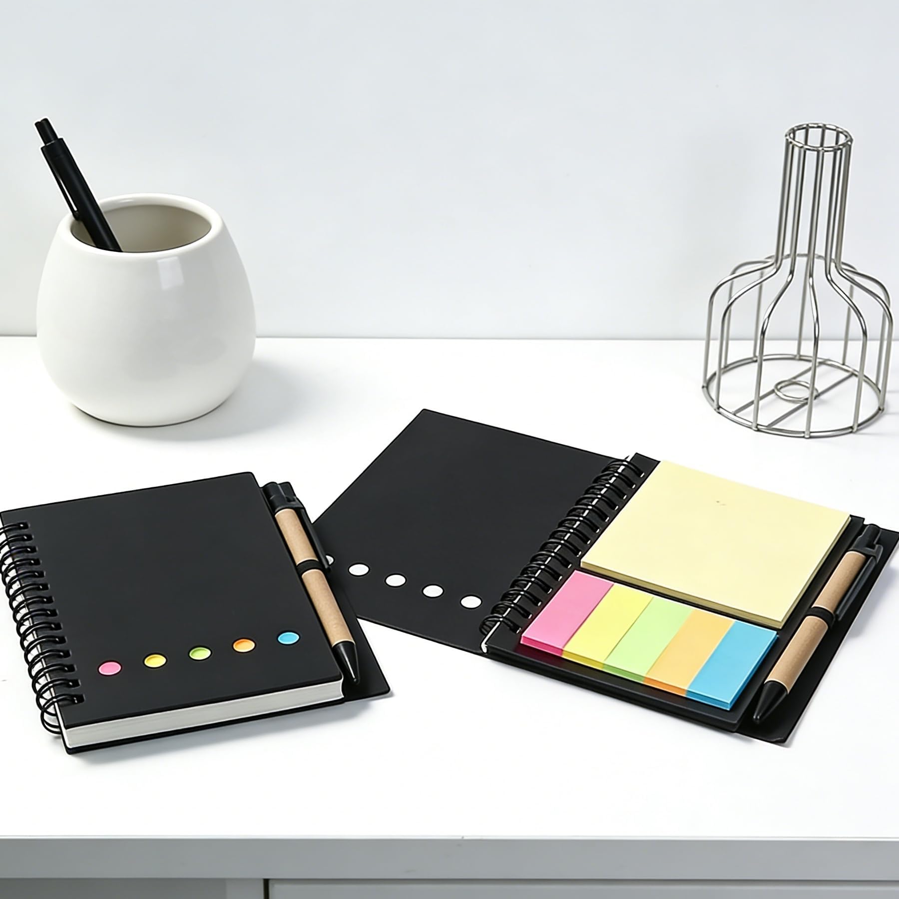 1 Pack Spiral Sticky Notes Notebook with Pen Holder, 4.1"x5.3" Paper Cover Notepad with Colored Index Tabs, Compact & Portable for Office, Home Use, Black