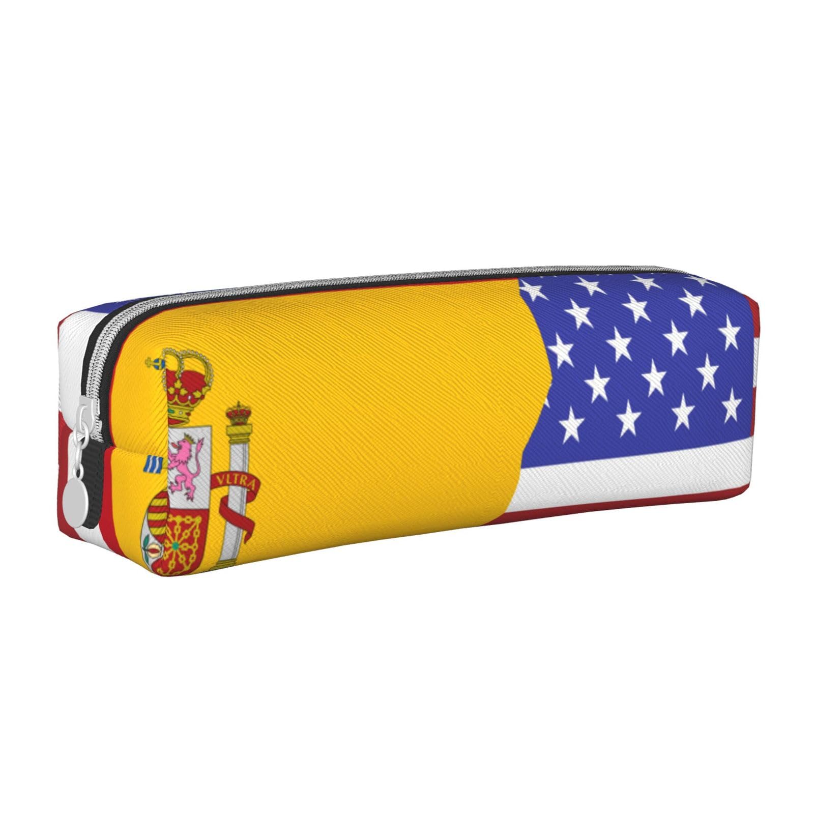 American Spain Flag Rectangle Leather Pencil Case for Girls Boys, Pen Pouch & Makeup Bag for Student School Office College