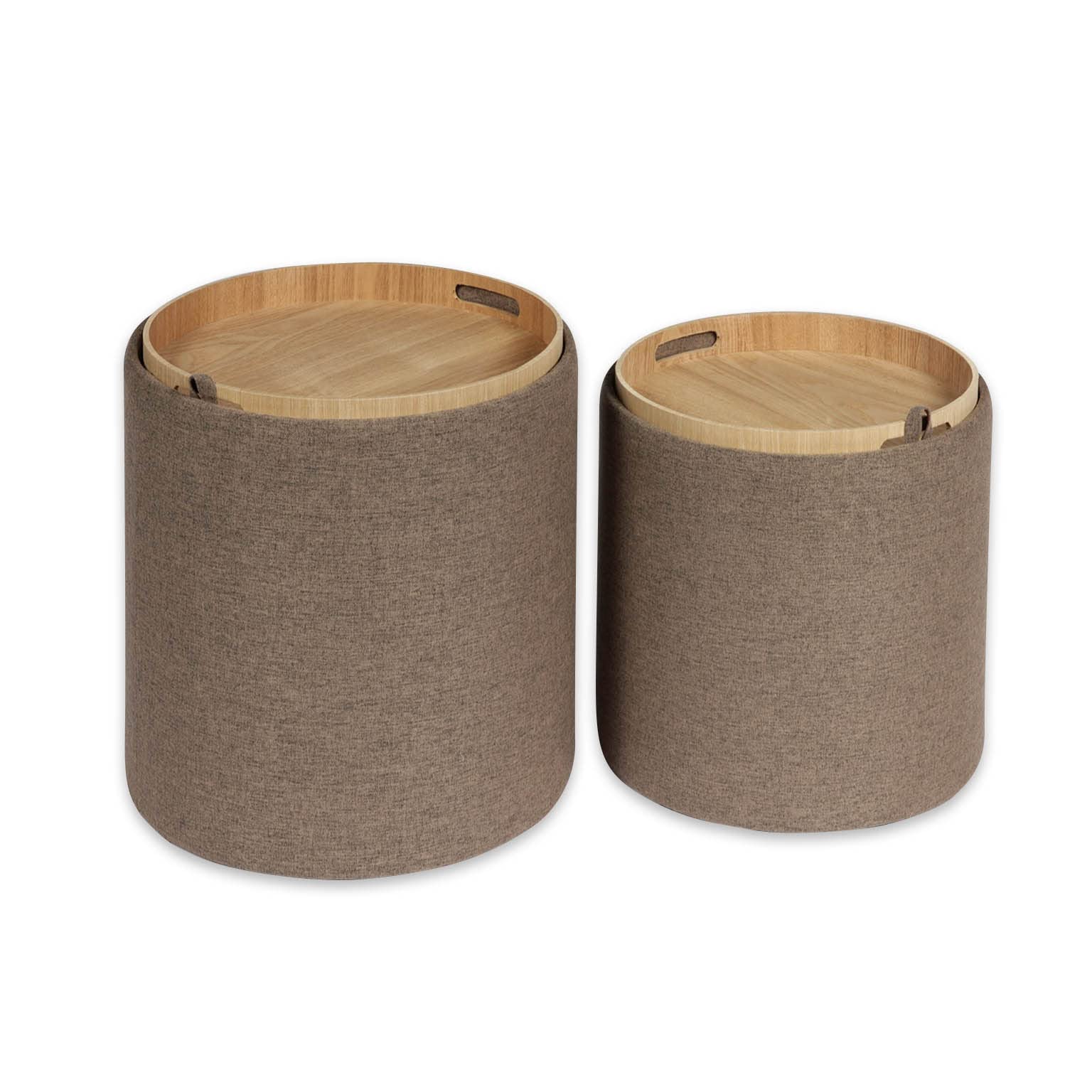 Versa Bangalore Taburete Puff Redondo Reposapiés para el salón o el Dormitorio, Set de 2, con Espacio de almacenaje, Medidas (Al x L x An) 44 x 39 x 39 cm, Algodón y Madera, Color Marrón