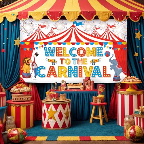 Image of Welcome To The Carnival Backdrop - 72x44 Inch | Carnival Theme Party Decorations | Circus Party Decorations for Birthday Carnival Games for Kids, Carnival Decorations for Carnival Party, KatchOn