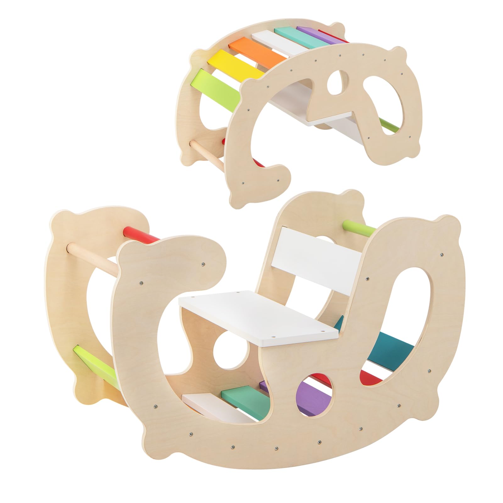 Costzon Wooden Arch Rocker, 2-in-1 Montessori Rocking Toys for Toddlers with Easy-Grip Handles, Children Rocking Horse Toy w/Seat, Indoor Play Gym Climbing Ladder Set for Kids Aged 1+ Gift Presents