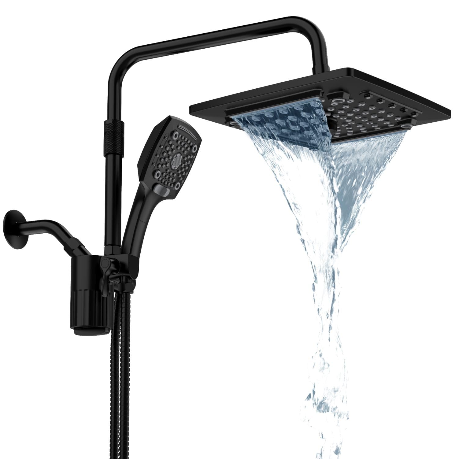 JINGZE Pomme de douche à effet pluie filtrée avec combo de pulvérisation portatif, ensemble de pommeau de douche double avec filtre remplaçable, 5 modes de pulvérisation, bras d'extension réglable de