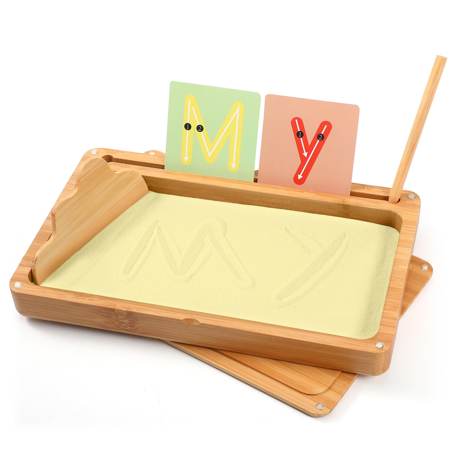 AtMini Montessori Sandtablet Primo allenamento lettere e segni giocattoli in legno educativo per lo sviluppo motorio precoce nei bambini (giallo)