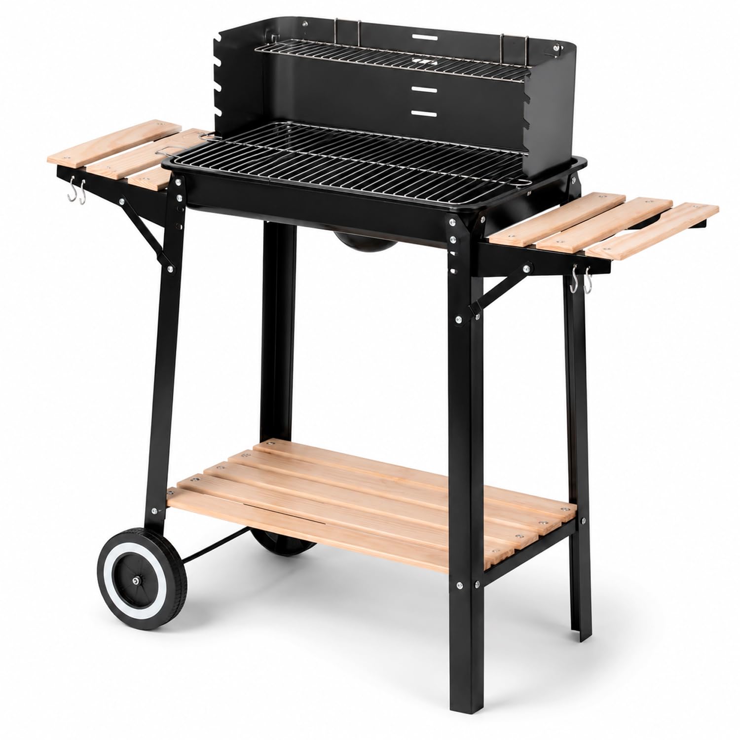 Barbecue A Carbone Con Paravento BBQ Antivento E Griglia Ripiani Laterali In Legno Ganci Per Utensili Ruote Per Facile Trasporto Perfetto Per Giardino E Campeggio 94 x 40 x 84 Cm Nero