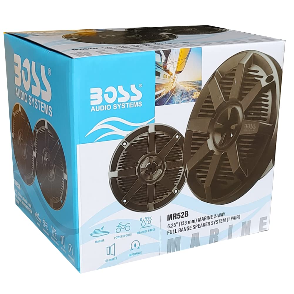 KIT Set pour Boss Audio Systems MR52B 2 Enceintes Marines 2 Voies Noires 5,25" 13 cm 130 mm 75 Watt rms 150 Watt Max étanche mer Piscine Bateau hôtel, la Paire + faston de Fixation