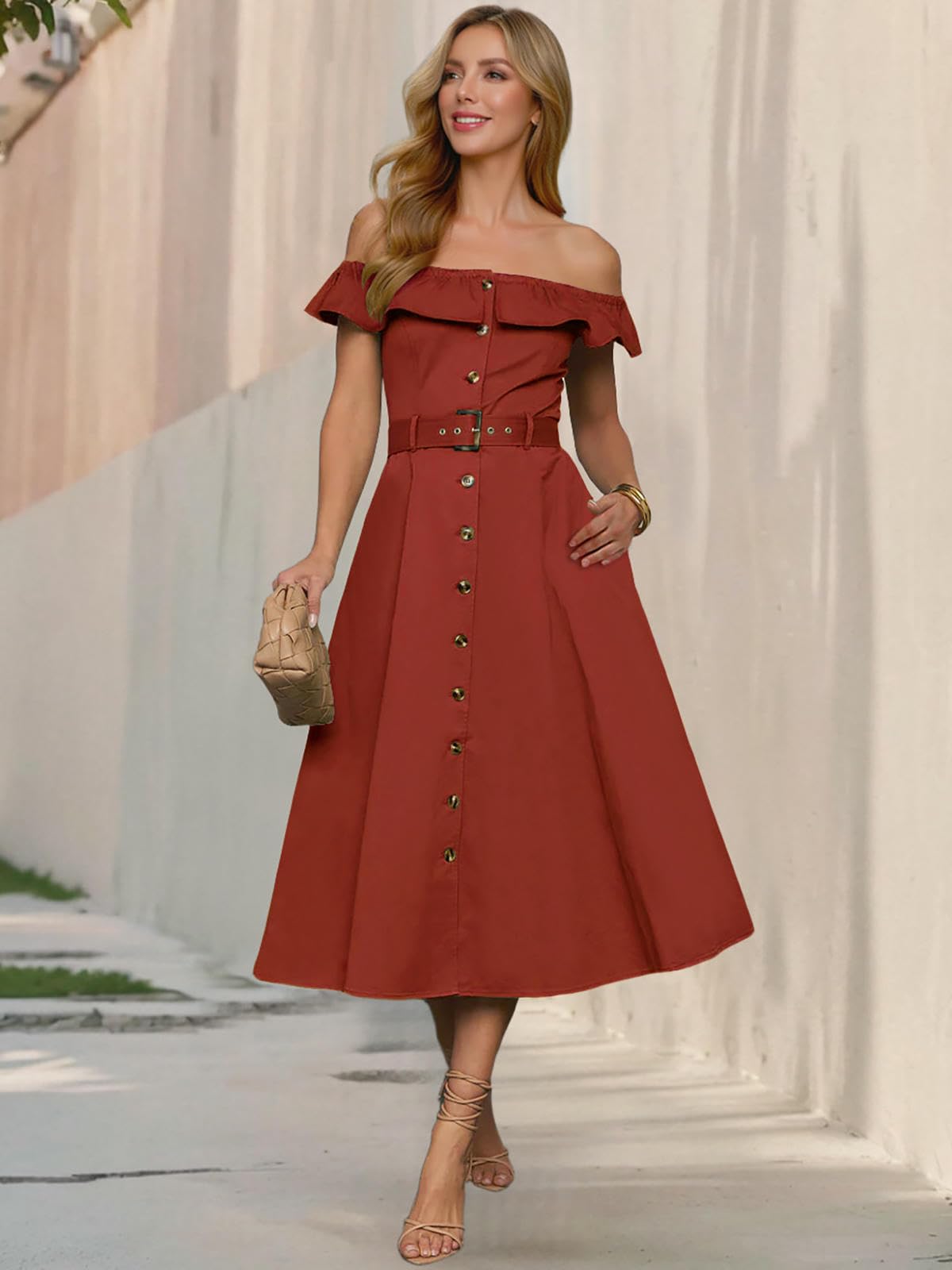 Sukienka damska elegancka letnia sukienka retro z jednym ramieniem wąska falbanka pasek na guziki A-line-morela-m