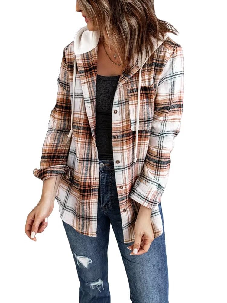 LACOZY Womens Flannel Checked Shirts Hoodies Long Sleeve Oversized Buffalo Plaid Sweatshirt Button Down Jacket Sweater