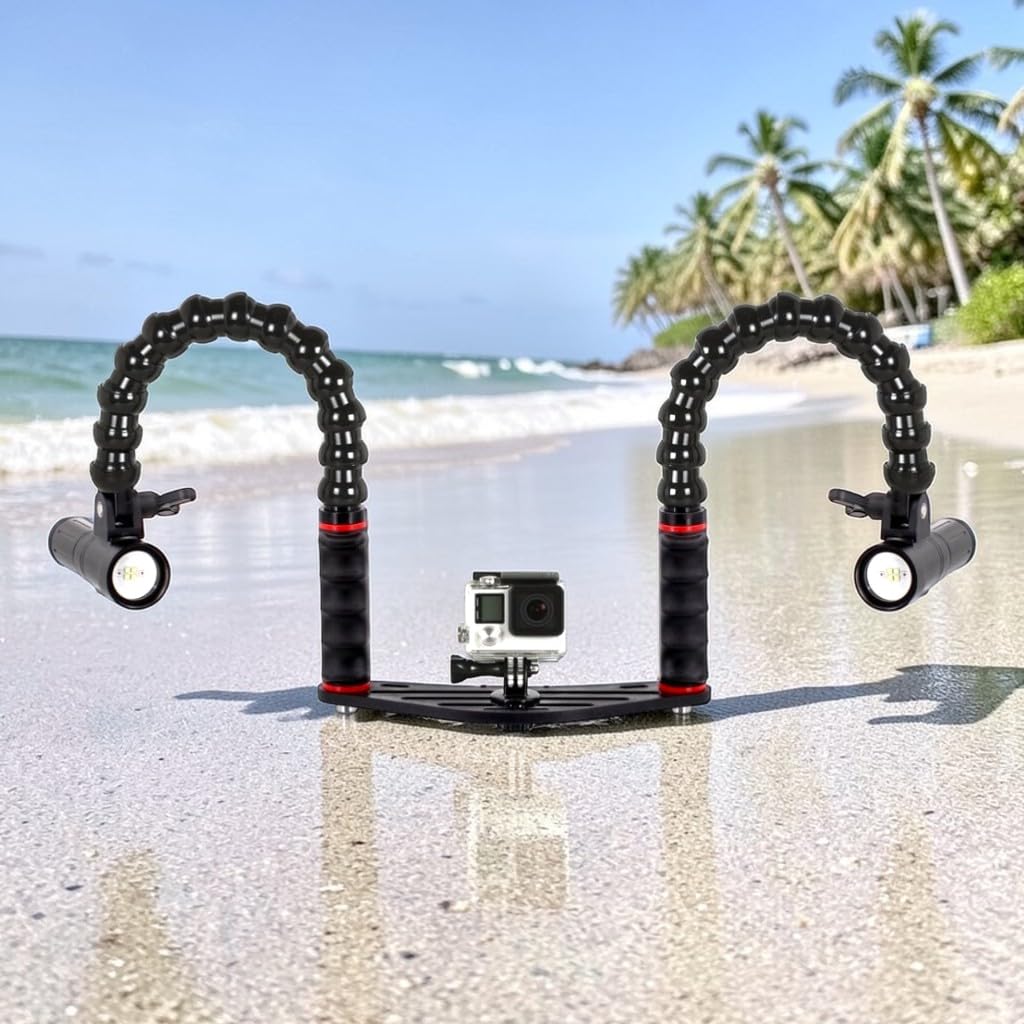Pletina Universal para Action CAM y Cámaras Compactas para GoPro dji Osmo Vídeos y Fotos Submarinas con Doble Puño Brazos Flexible Adaptador YS para Flash y Foco de Buceo FLEX-ARM ST20113