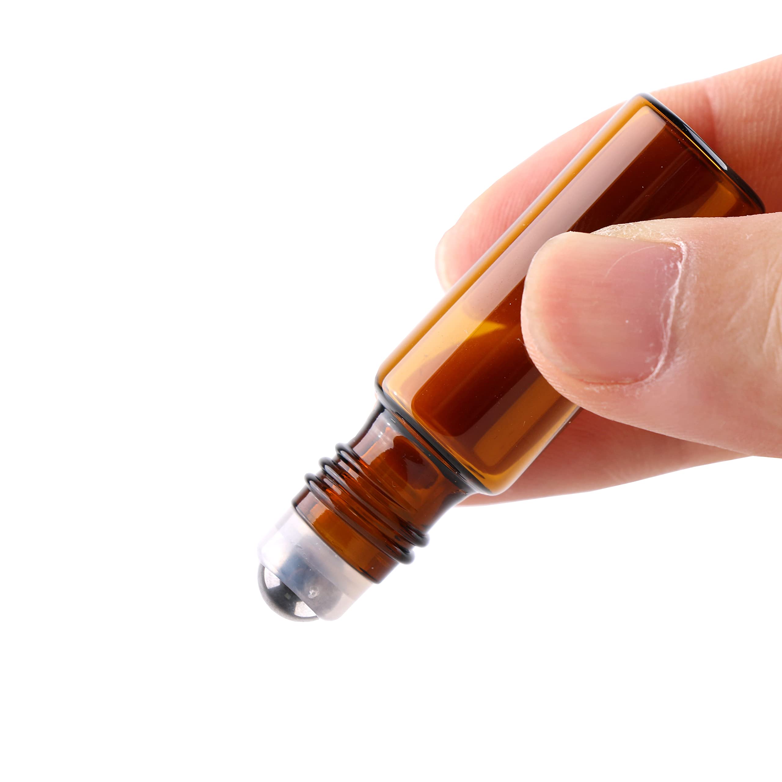 MaxMau Rollerflaschen für ätherische Öle, 100 Stück, 5 ml, nachfüllbar, bernsteinfarbene Glasflasche, Metall, Roll-On-Ball, goldener Kappe
