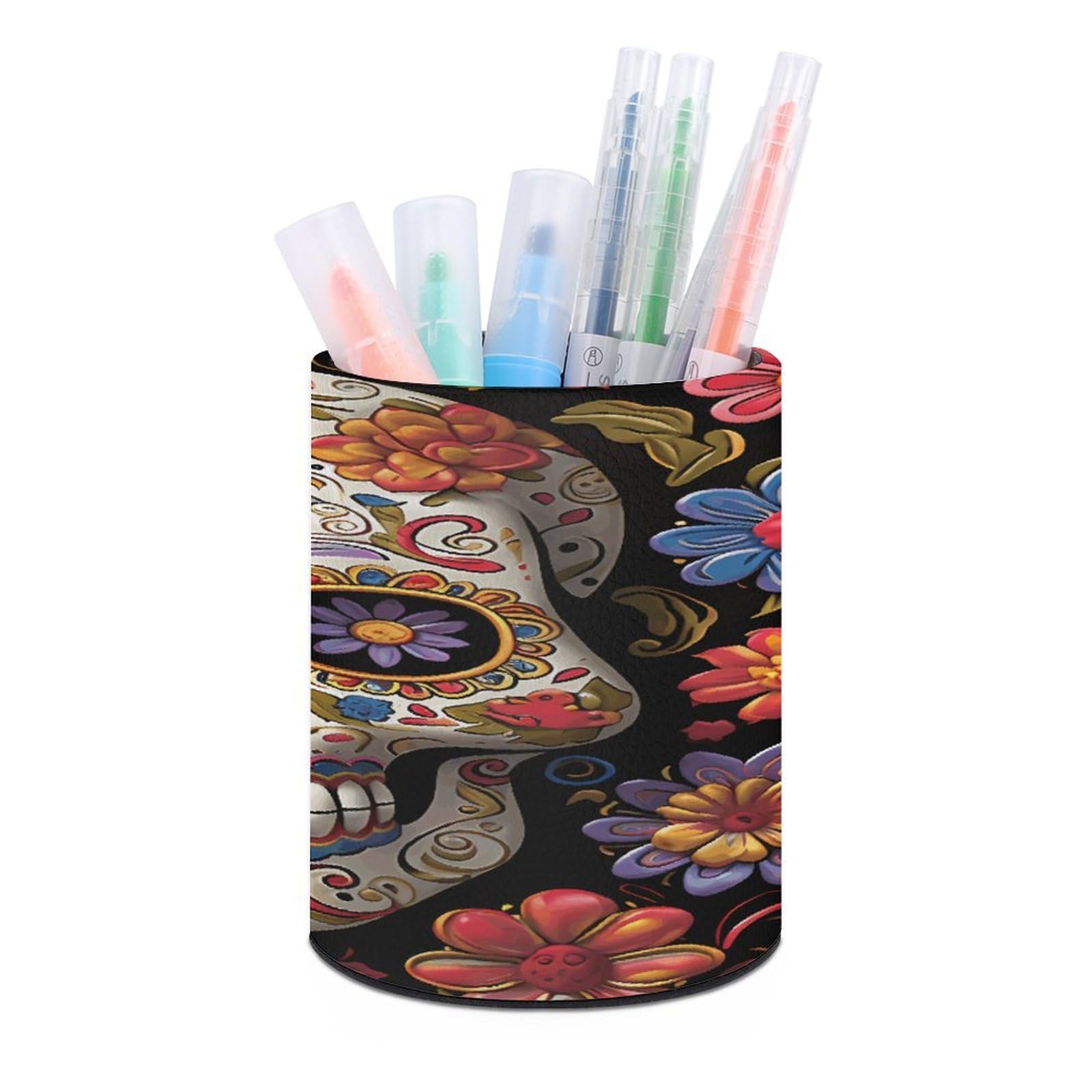 VstaDank Sugar Skulls Pen Holder PU Leather Pencil Cup Minimalist Desk Pencil Holder Round Make Up Brush Organizers For Office Dorm Room&Vanity Desk Accessories